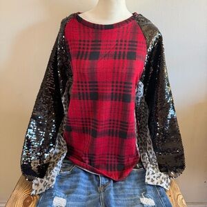 Southern Grace Red Plaid and Sequin Long Sleeve Top